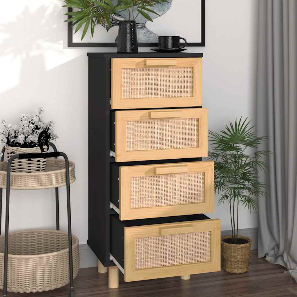 Credenza Nera 40x30x90 cm Legno Massello Pino e Rattan Naturale - homemem39