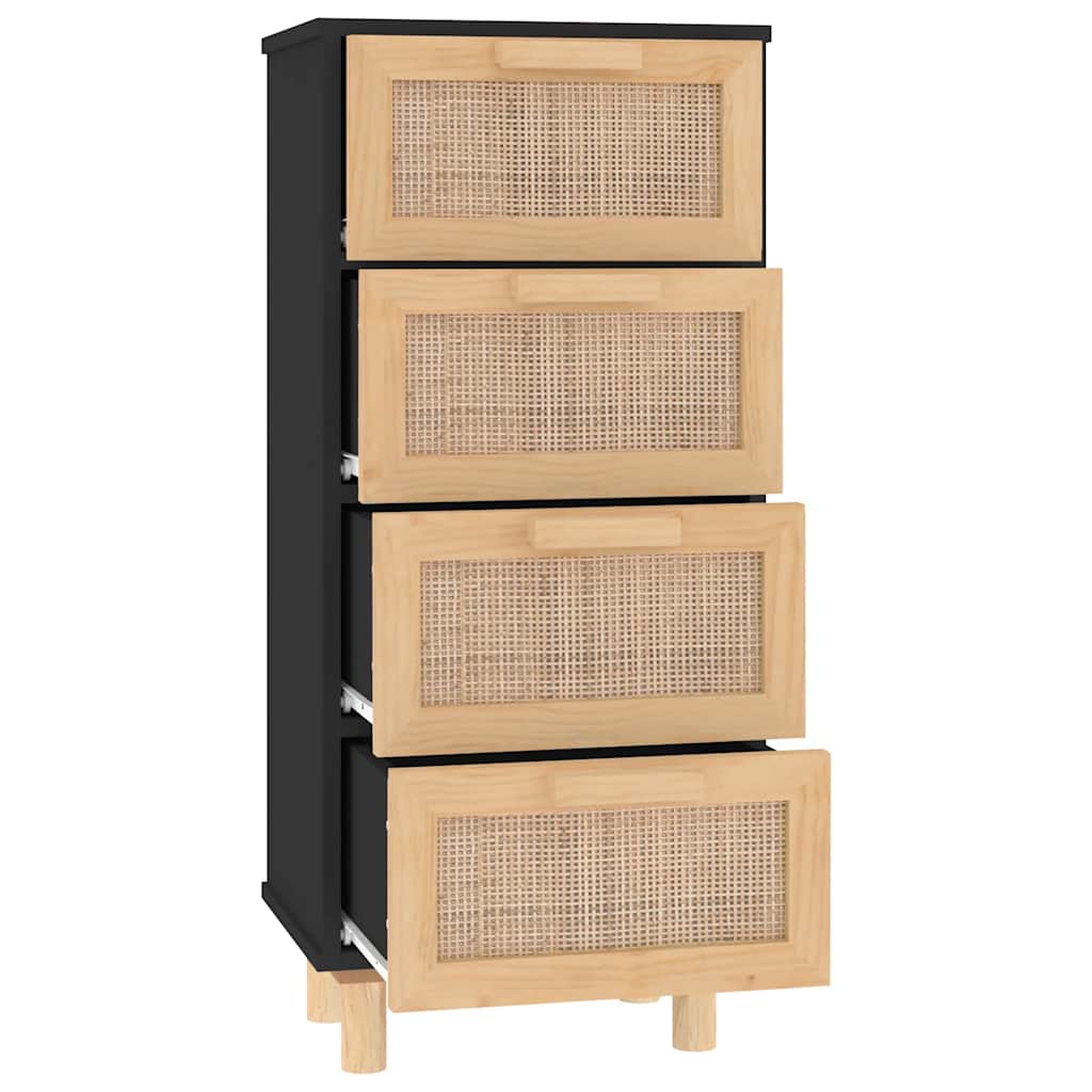 Credenza Nera 40x30x90 cm Legno Massello Pino e Rattan Naturale - homemem39