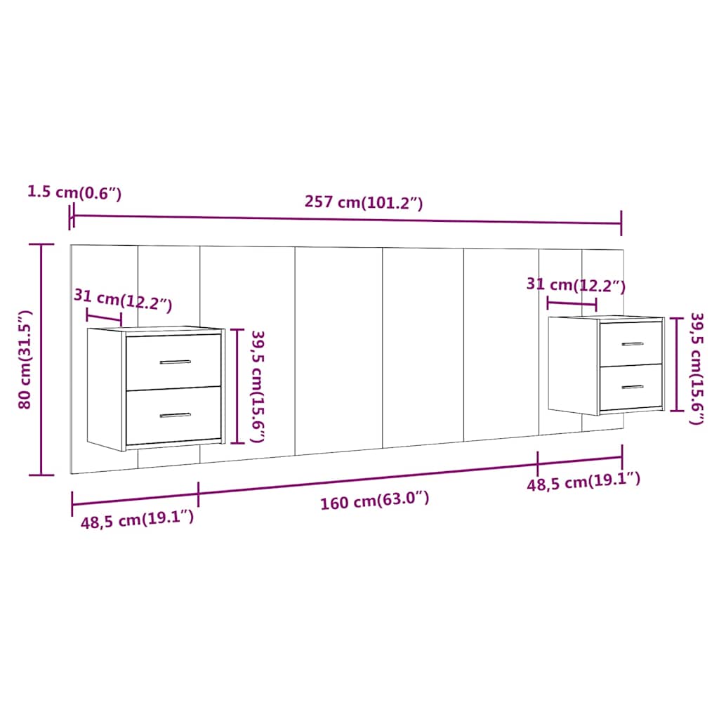 Testiera Letto con Comodini in Legno Multistrato Rovere Sonoma