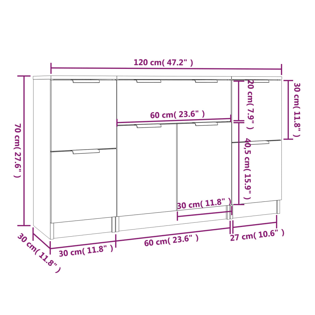 Credenze 3 pz Rovere Fumo in Legno Multistrato