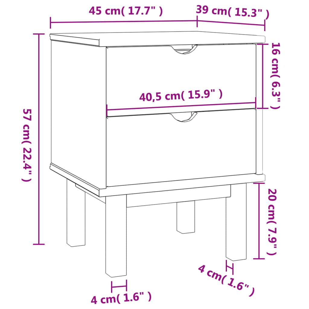 OTTA bedside table 45x39x57 cm in solid pine wood