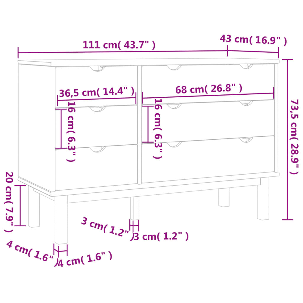Cassettiera OTTA Marrone e Bianco 111x43x73,5 cm Legno di Pino - homemem39