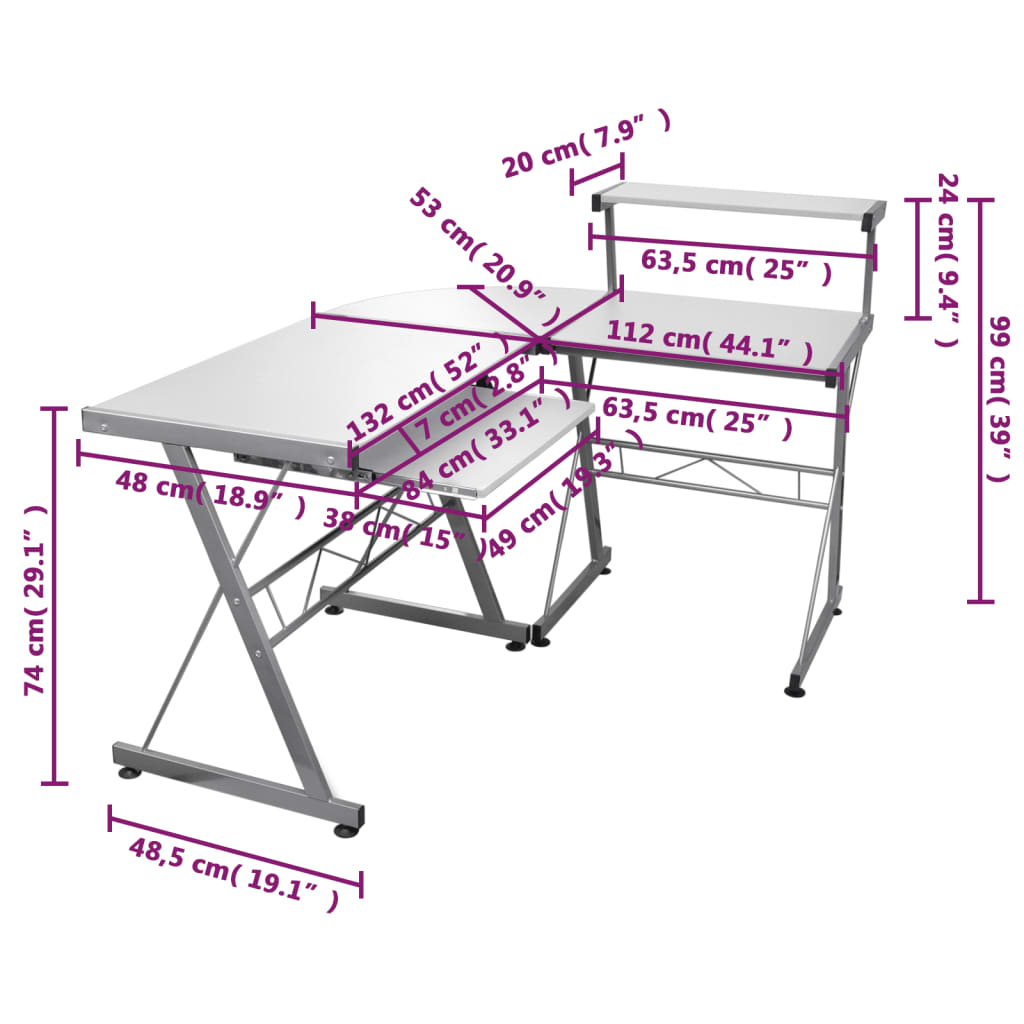 Scrivania Computer Angolare Bianca 132x112x99 Legno Multistrato - homemem39