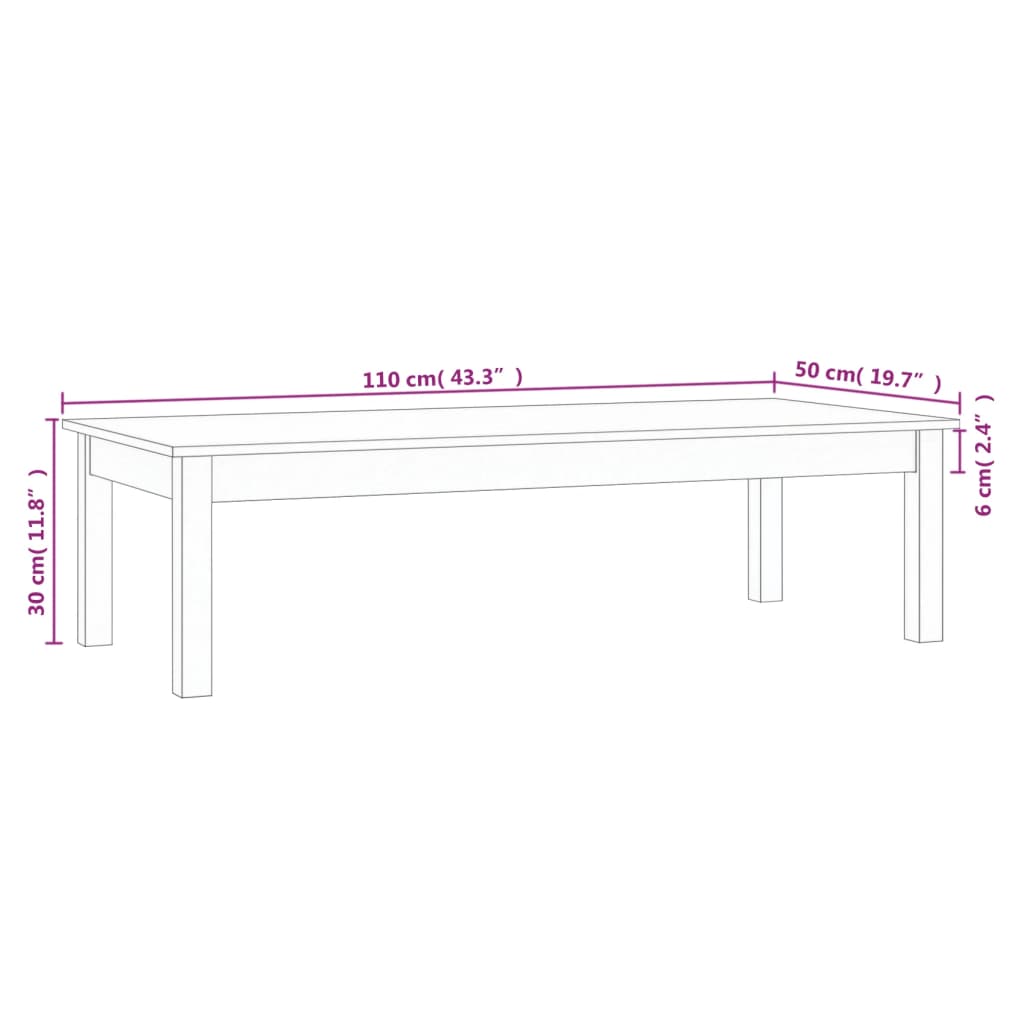 Tavolino da Salotto Bianco 110x50x30 cm Legno Massello di Pino