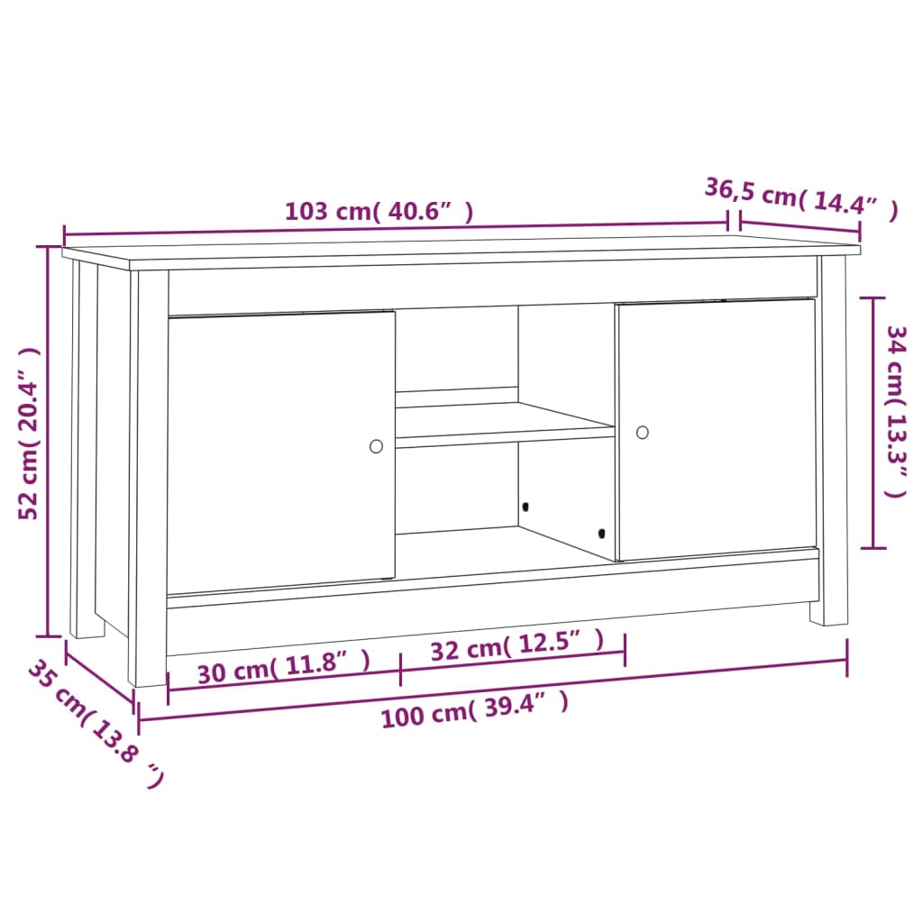 Mobile Porta TV Nero 103x36,5x52 cm in Legno Massello di Pino - homemem39