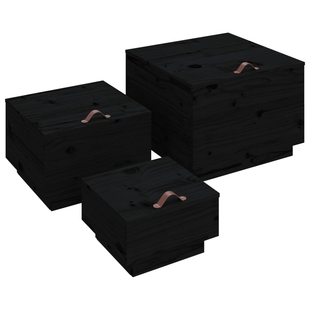 Contenitori Portaoggetti Coperchi 3pz Neri Legno Massello Pino - homemem39