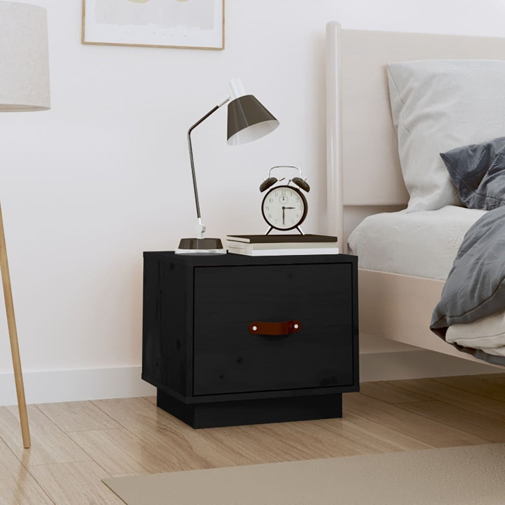 Comodino Nero 40x34x35 cm in Legno Massello di Pino - homemem39