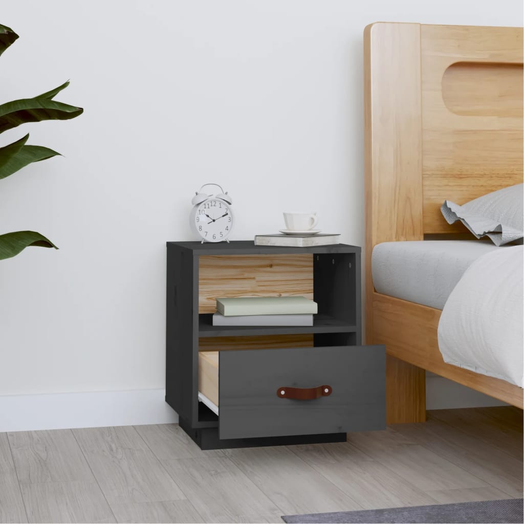 Comodino Grigio 40x34x45 cm in Legno Massello di Pino - homemem39