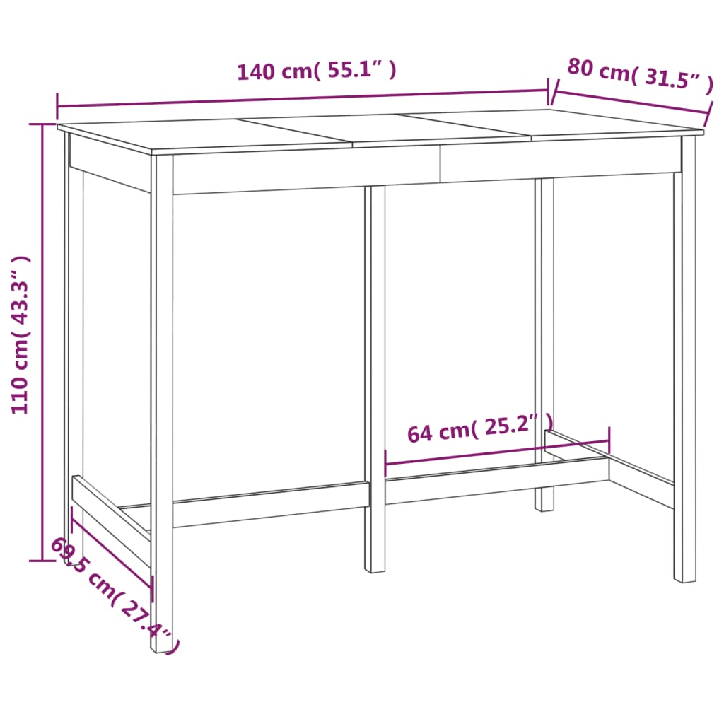 Tavolo da Bar Ambra 140x80x110 cm in Legno Massello di Pino
