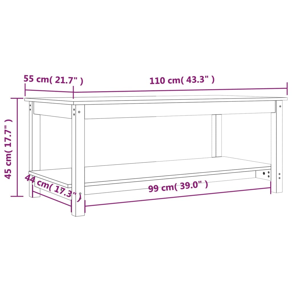 Tavolino da Salotto Bianco 110x55x45 cm Legno Massello di Pino