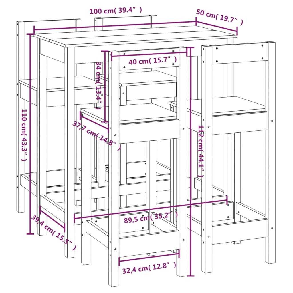 Set da Bar 5 pz Nero in Legno Massello di Pino - homemem39