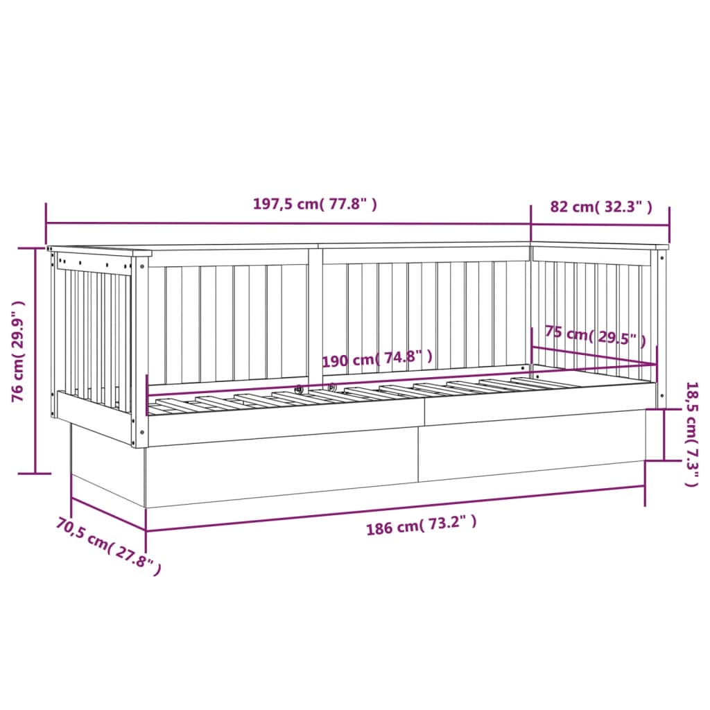 Dormeuse Nera 75x190 cm in Legno Massello di Pino - homemem39