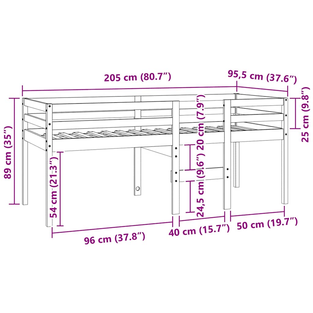 Letto a Soppalco Bianco 90x200 cm in Legno Massello di Pino | homemem39