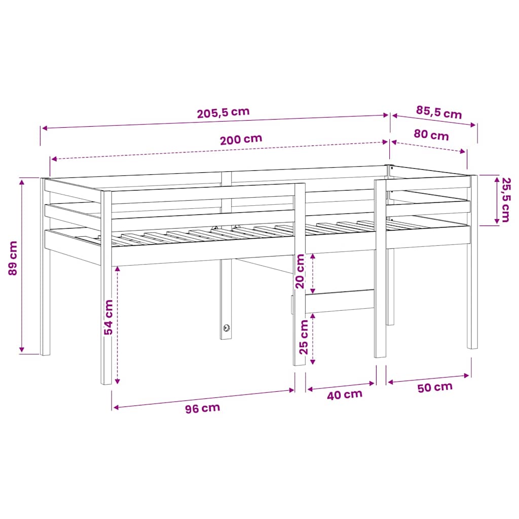 Letto a Soppalco Bianco 80x200 cm in Legno Massello di Pino | homemem39