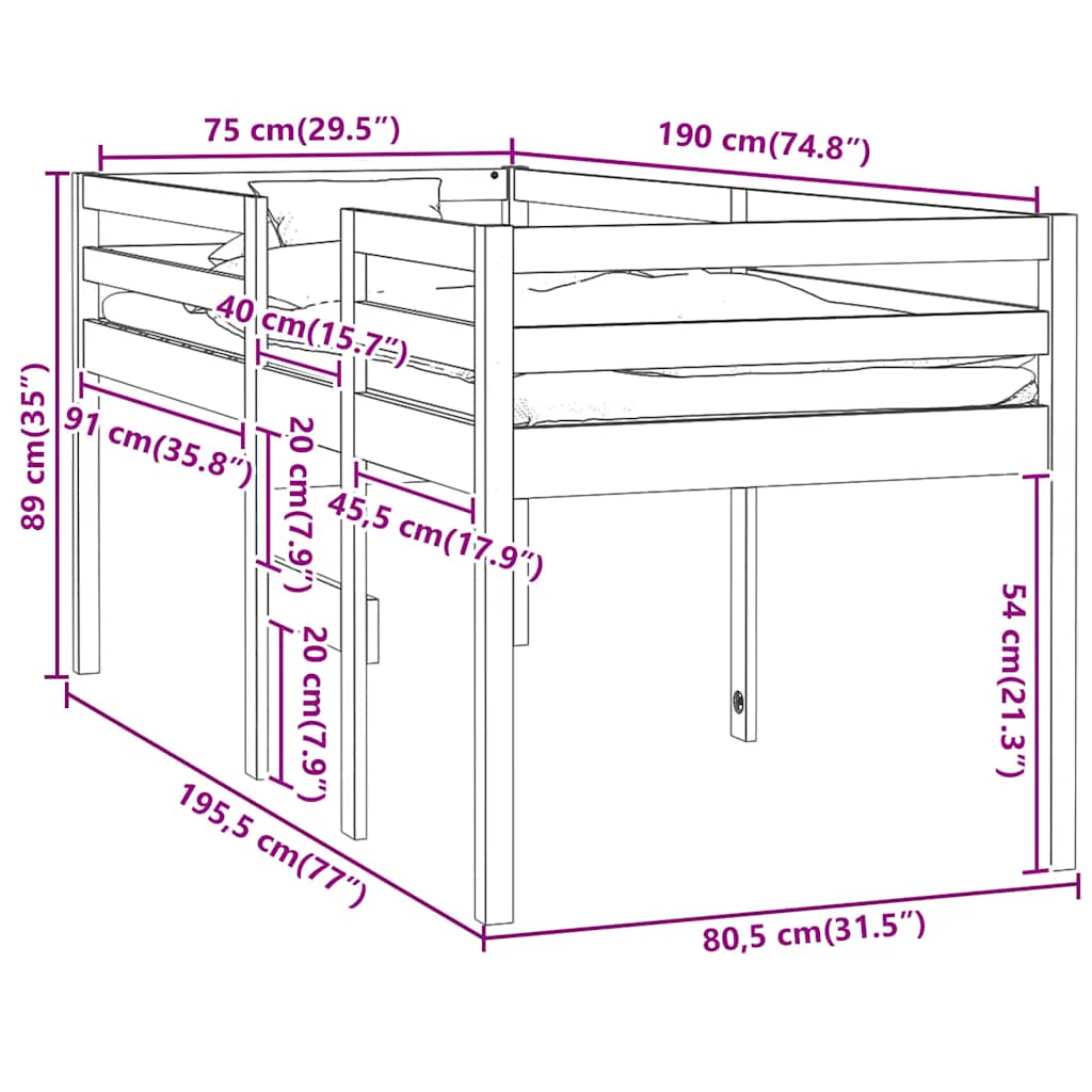 Letto a Soppalco Bianco 75x190 cm in Legno Massello di Pino | homemem39