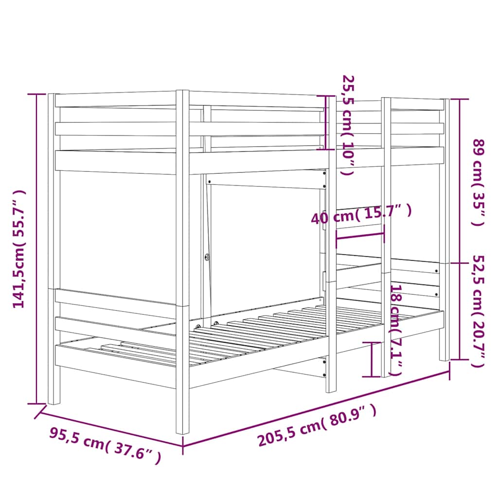 Letto a Castello senza Materasso 90x200cm Massello Pino