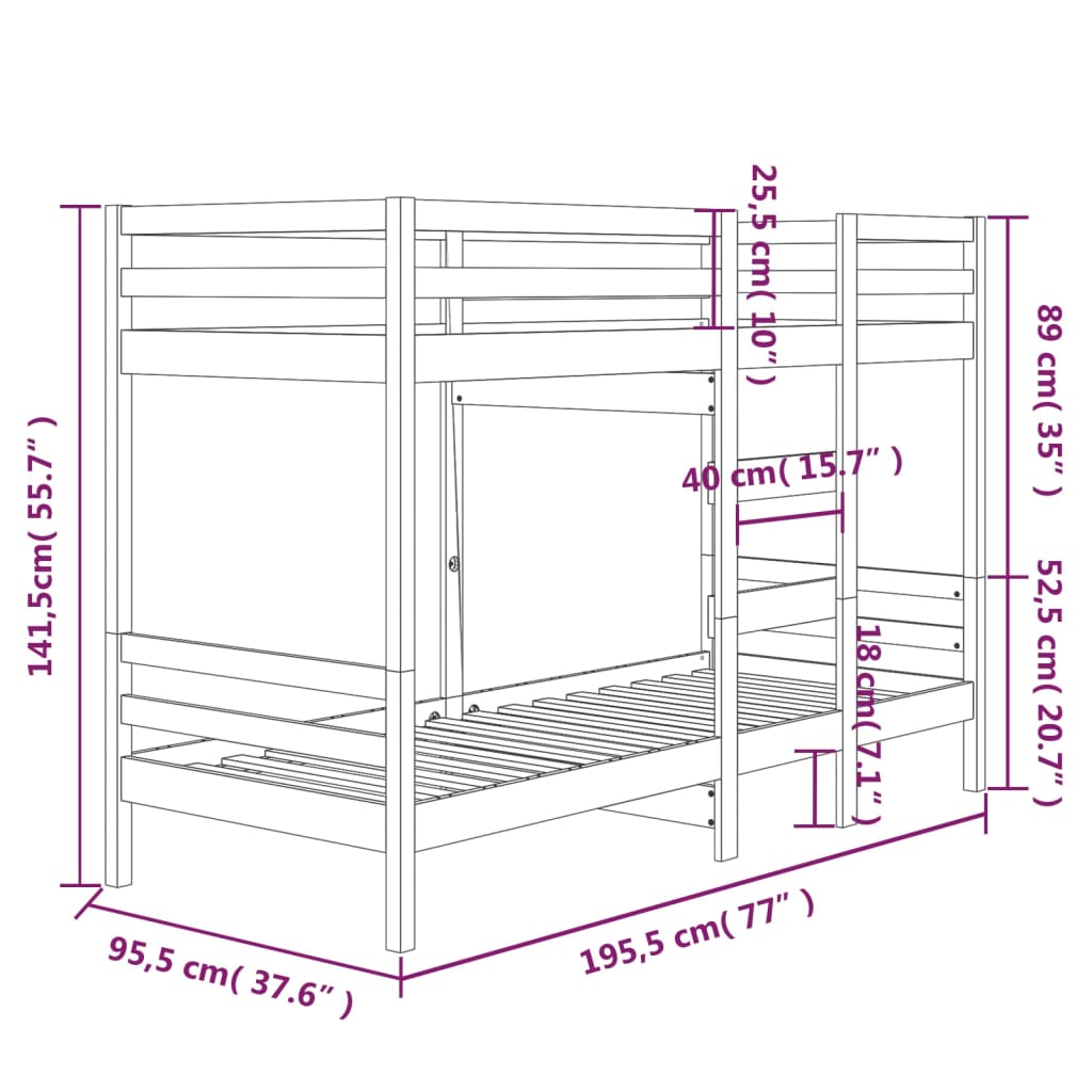 Letto a Castello senza Materasso 90x190 cm Legno di Pino | homemem39