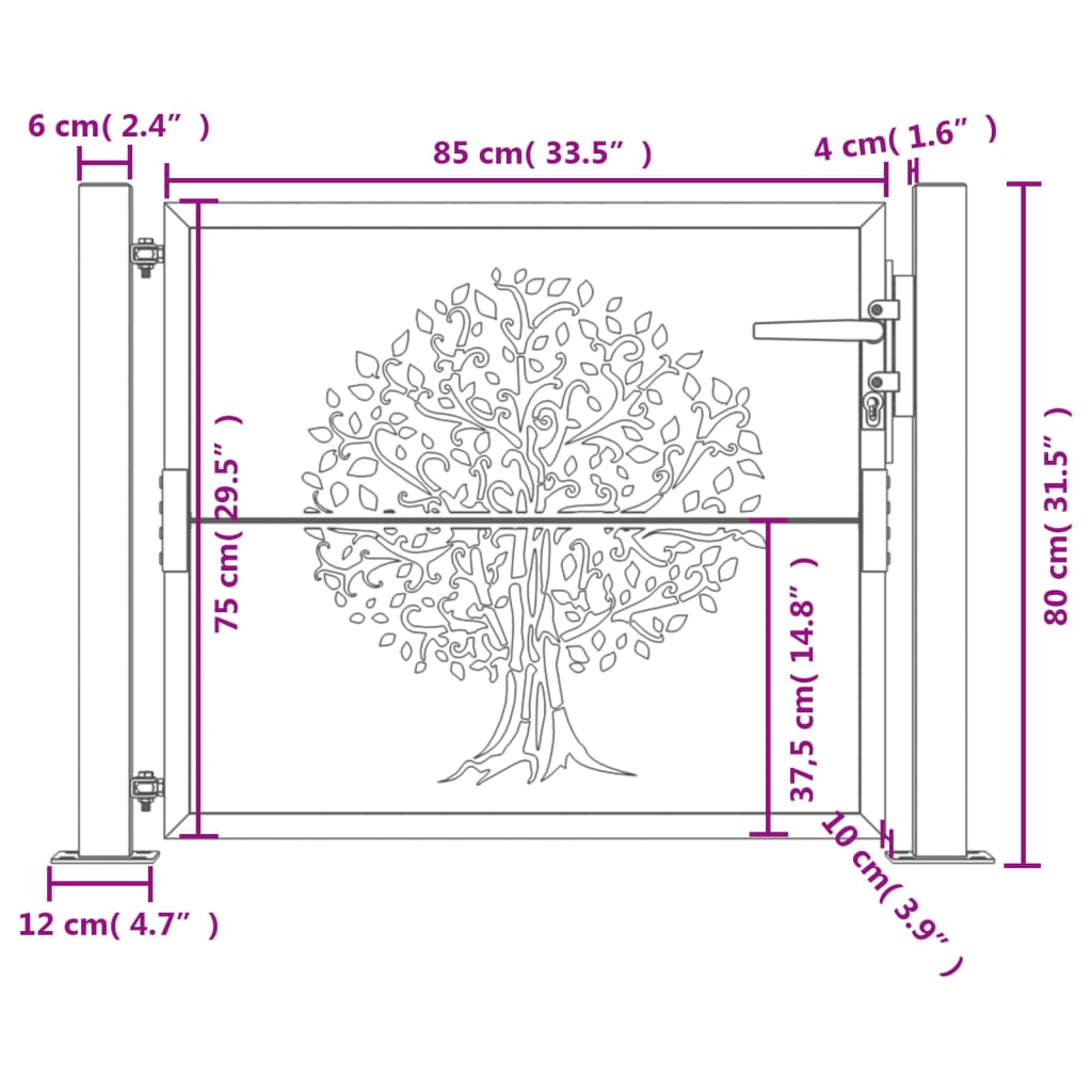 Cancello da giardino antracite 100x75 cm in acciaio con design ad albero | homemem39