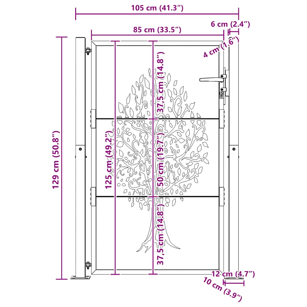 Cancello da giardino 100x125 cm in acciaio Corten con design ad albero | homemem39
