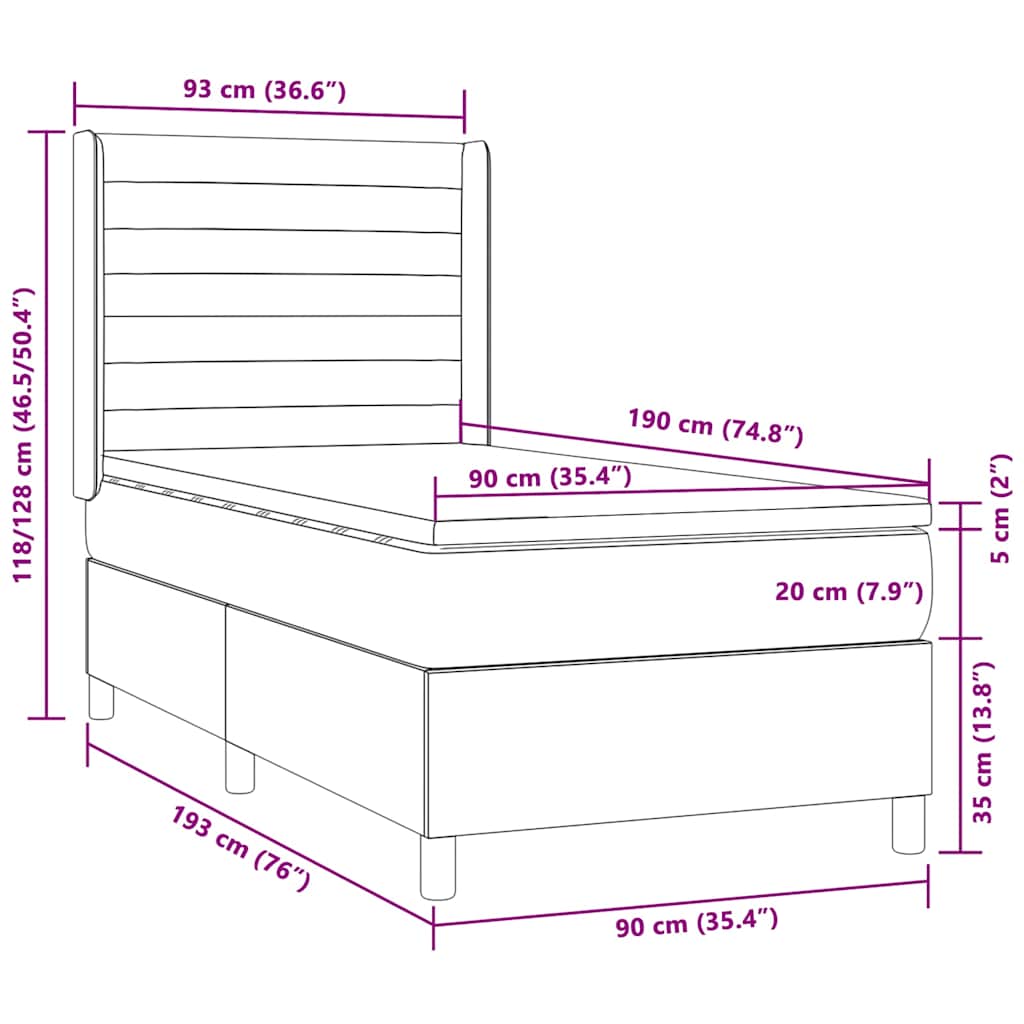 Letto a Molle con Materasso e LED Tortora 90x190 cm in Tessuto | homemem39