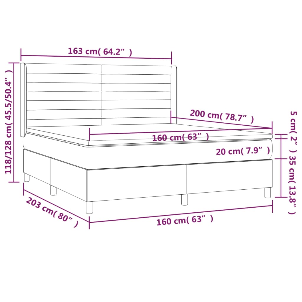 Letto a Molle con Materasso e LED Tortora 160x200 cm in Tessuto | homemem39