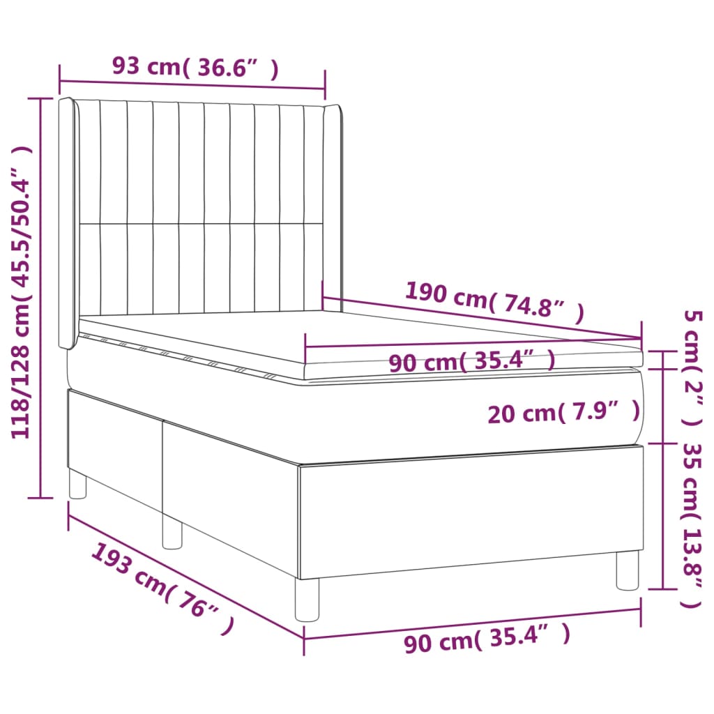 Letto a Molle con Materasso e LED Tortora 90x190 cm in Tessuto | homemem39