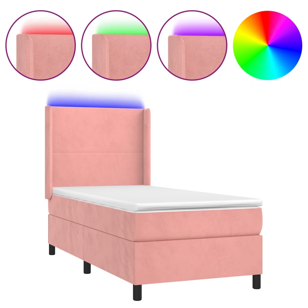 Letto a Molle con Materasso e LED Rosa 90x200 cm in Velluto - homemem39