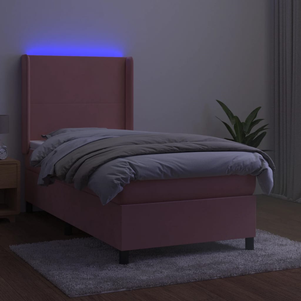 Letto a Molle con Materasso e LED Rosa 90x200 cm in Velluto - homemem39