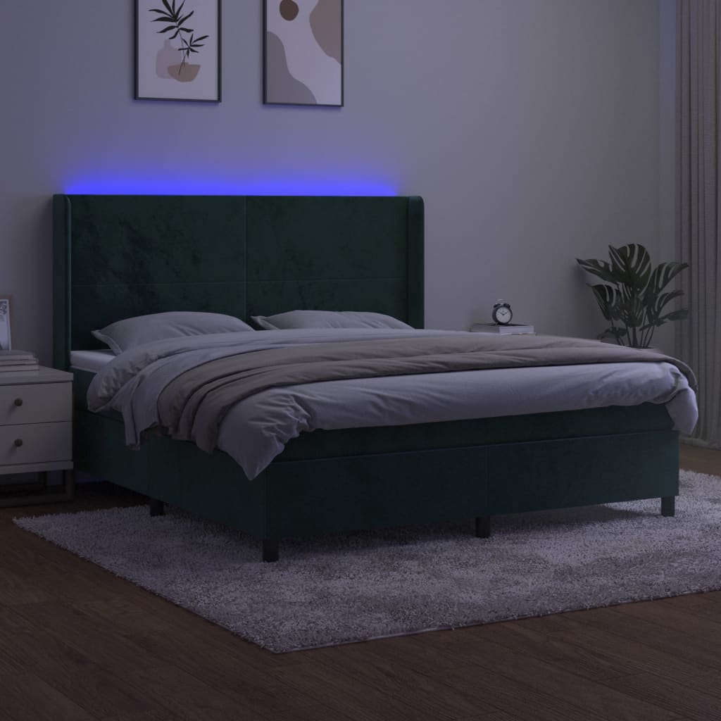 Letto a Molle con Materasso e LED Verde Scuro 160x200cm Velluto