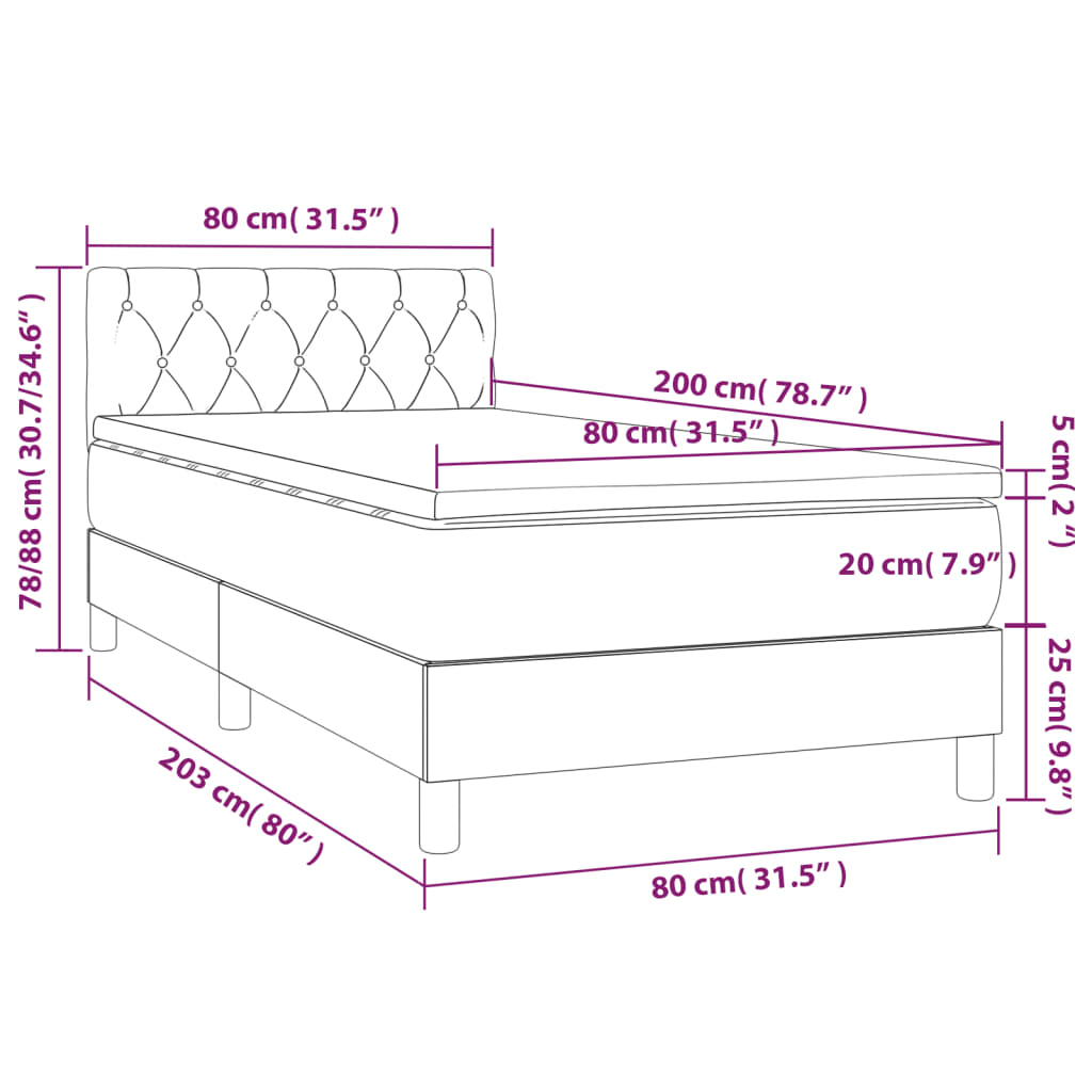 Letto a Molle Materasso e LED Marrone Scuro 80x200cm in Tessuto | homemem39