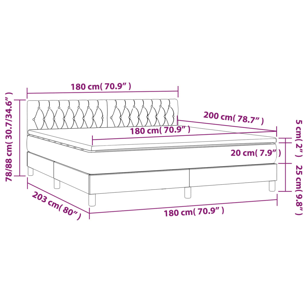 Letto a Molle con Materasso e LED Tortora 180x200 cm in Tessuto | homemem39