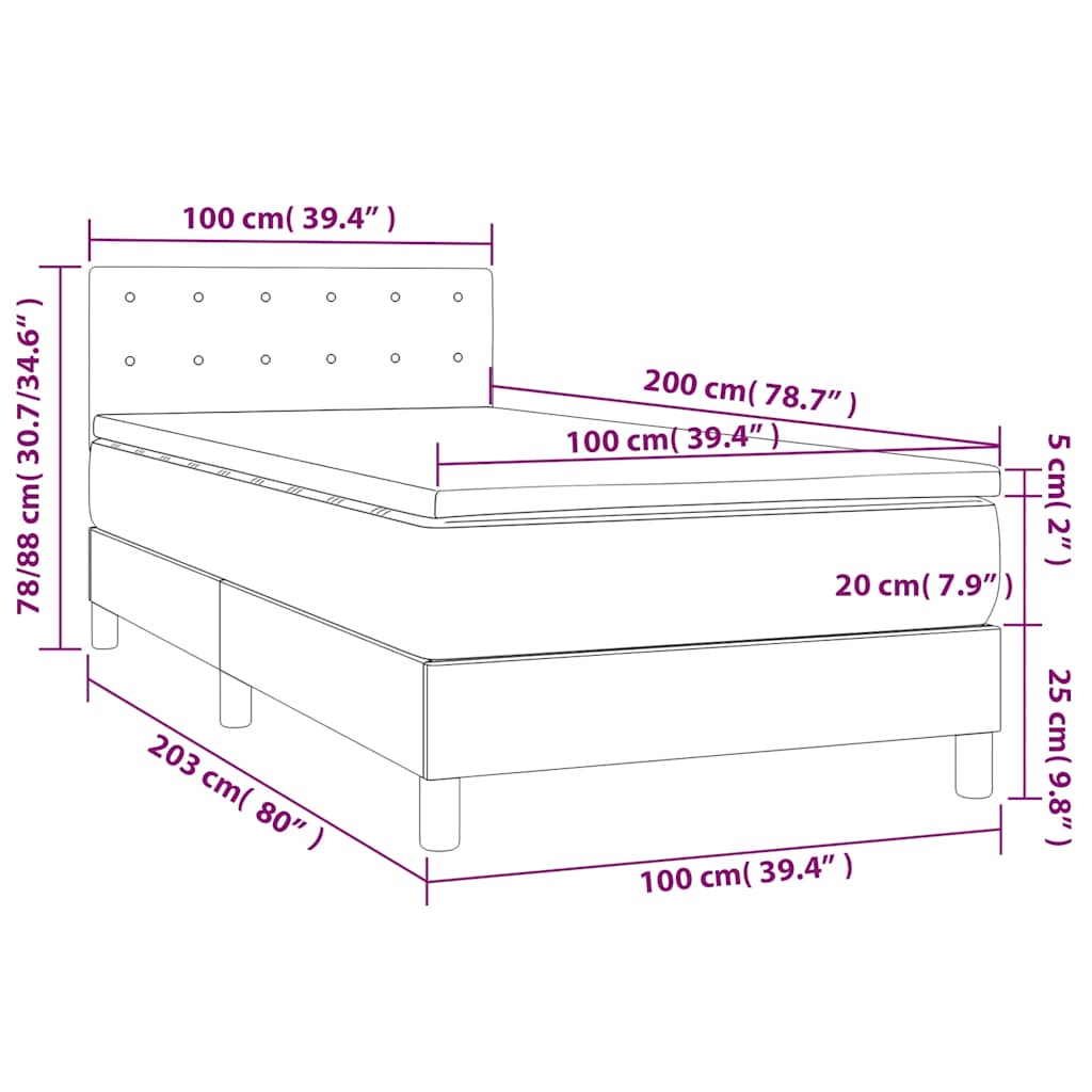 Letto a Molle con Materasso e LED Nero 100x200 cm in Velluto | homemem39