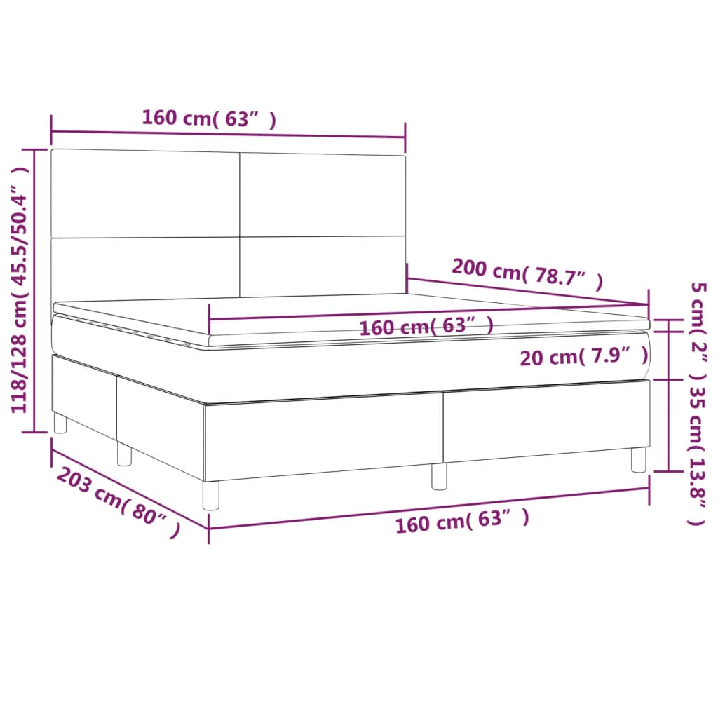 Letto a Molle con Materasso e LED Tortora 160x200 cm in Tessuto | homemem39