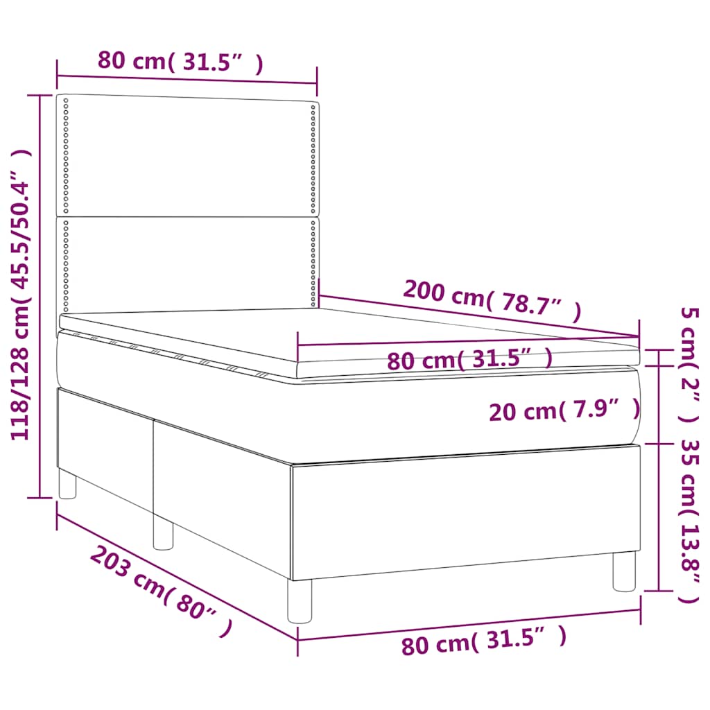Letto a Molle con Materasso e LED Nero 80x200 cm in Tessuto | homemem39