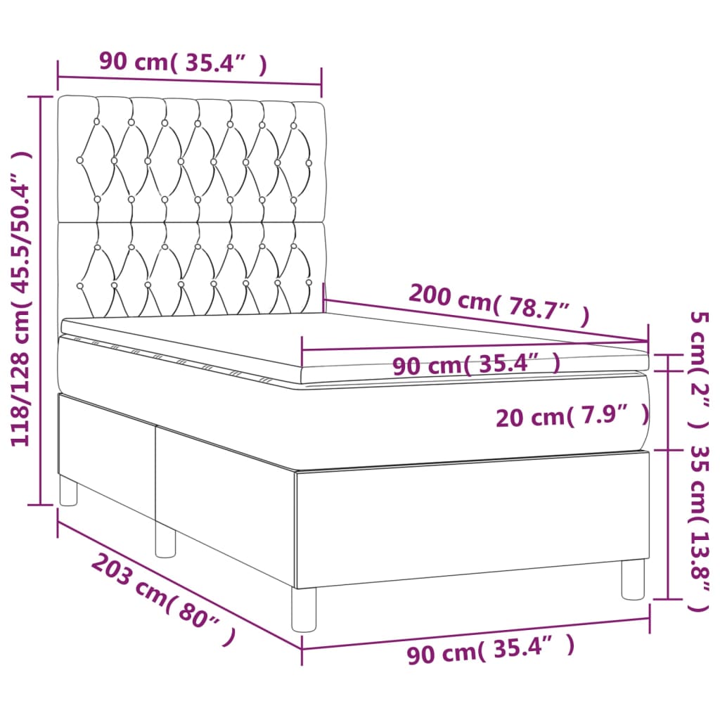 Letto a Molle con Materasso e LED Crema 90x200 cm in Tessuto | homemem39