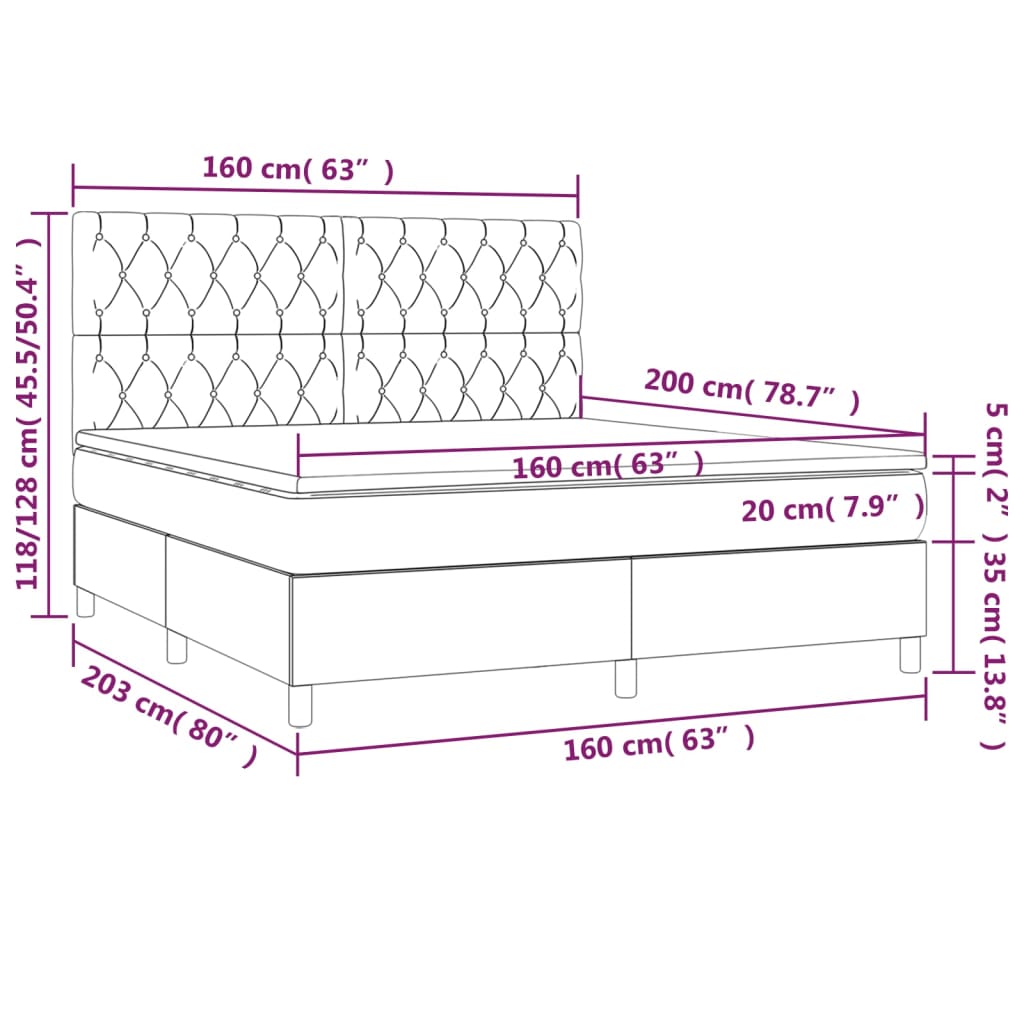 Letto a Molle con Materasso e LED Tortora 160x200 cm in Tessuto | homemem39