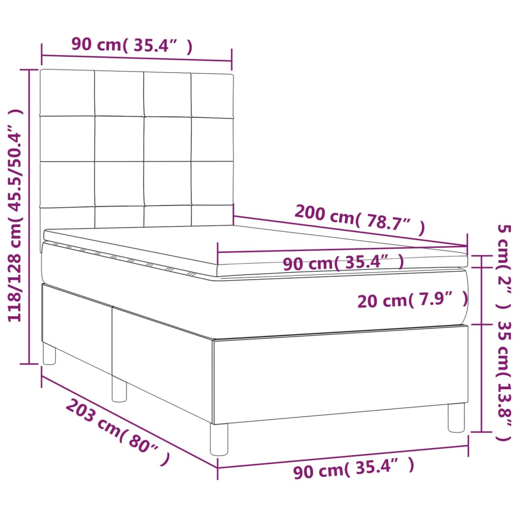 Letto a Molle Materasso e LED Marrone Scuro 90x200cm in Tessuto | homemem39