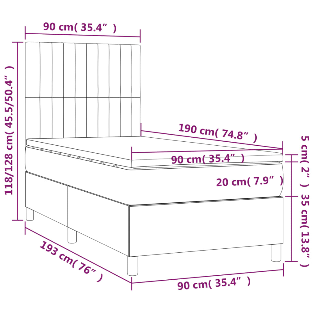 Letto a Molle con Materasso e LED Tortora 90x190 cm in Tessuto | homemem39