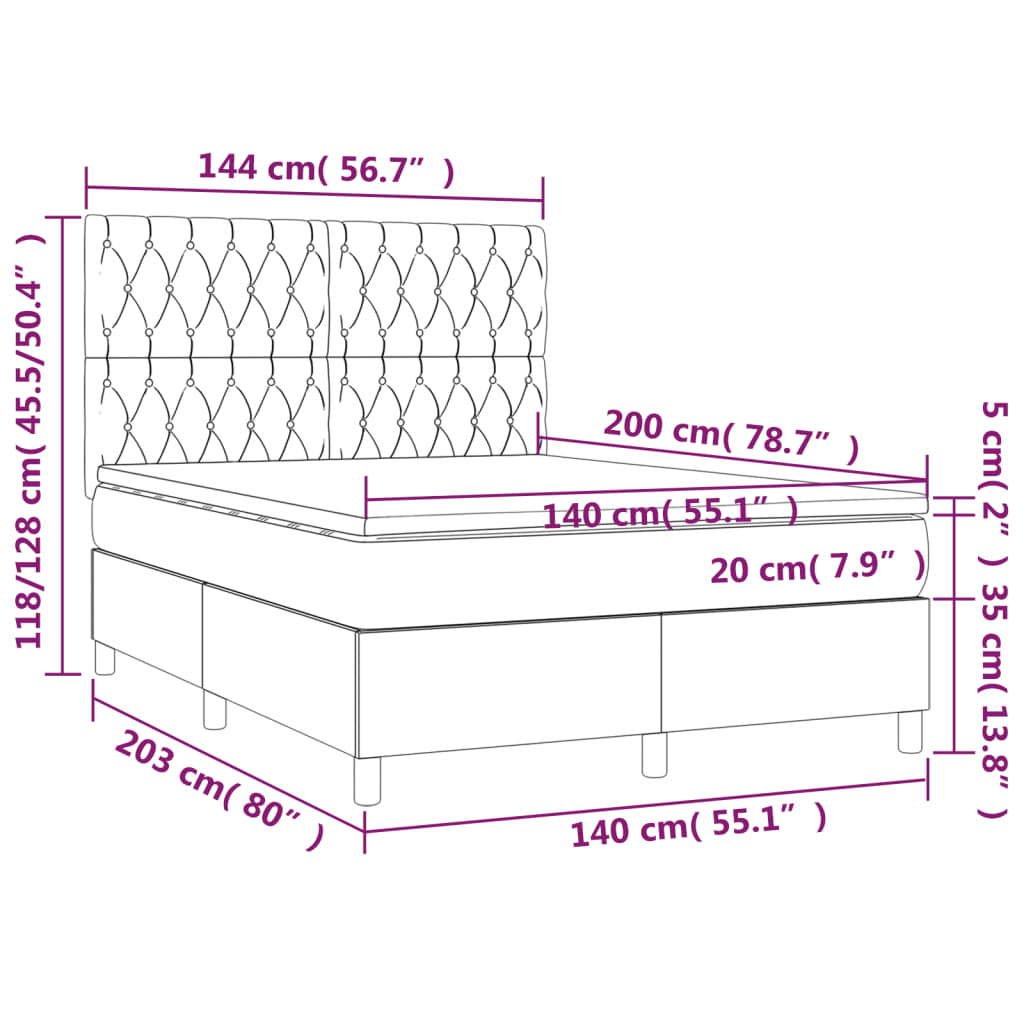 Letto a Molle con Materasso e LED Tortora 140x200 cm in Tessuto | homemem39