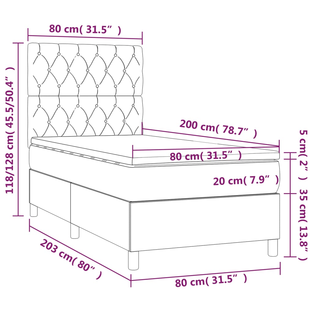 Letto a Molle Materasso e LED Grigio Chiaro 80x200 cm Velluto | homemem39