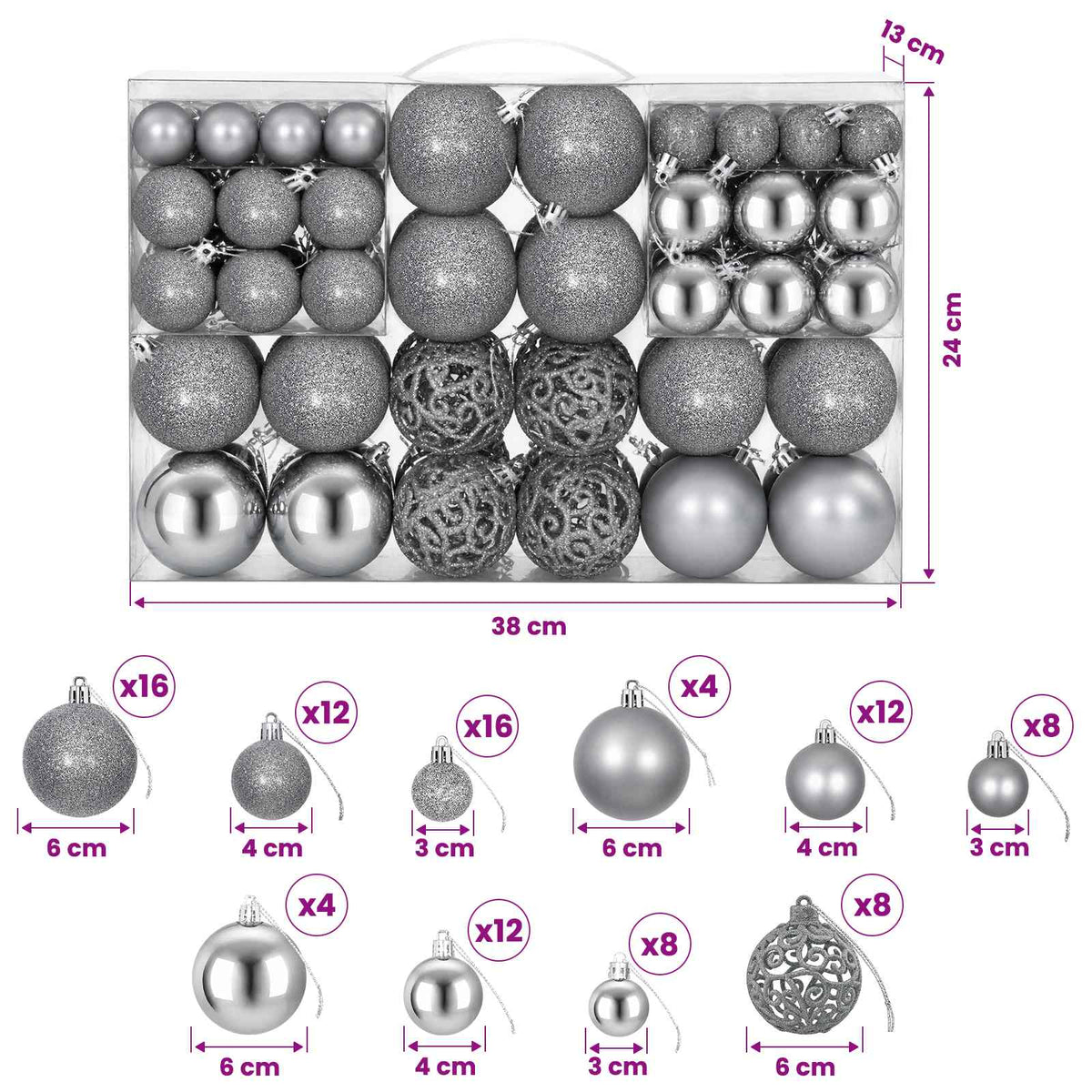 Palline di Natale 100 pz Grigie 3 / 4 / 6 cm