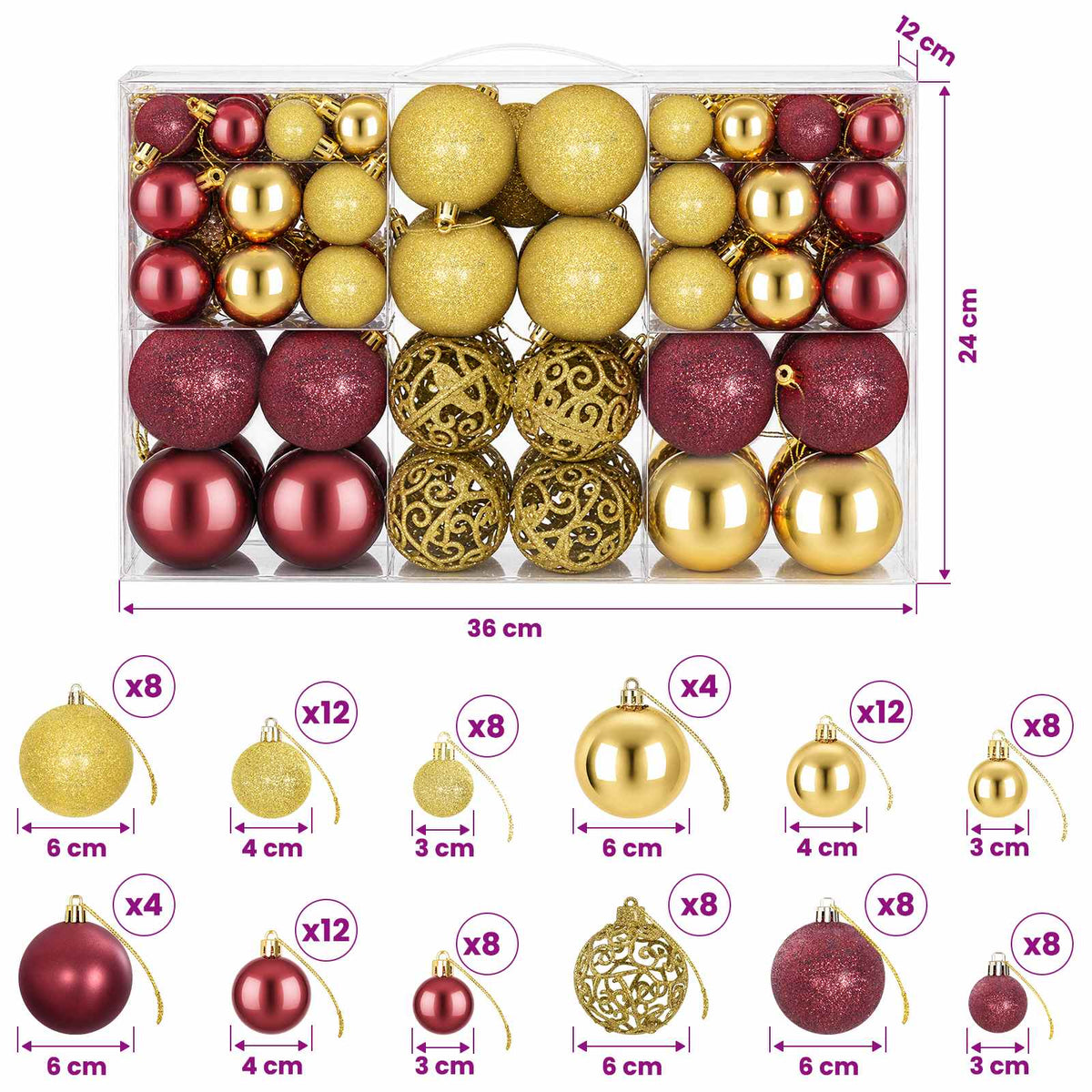 Palline di Natale 100 pz Oro e Rosso Vino 3 / 4 / 6 cm