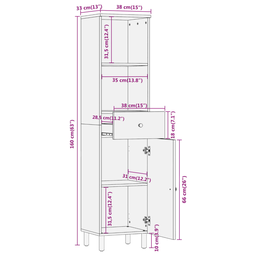Mobile da Bagno 38x33x160 cm in Legno Massello di Mango | homemem39