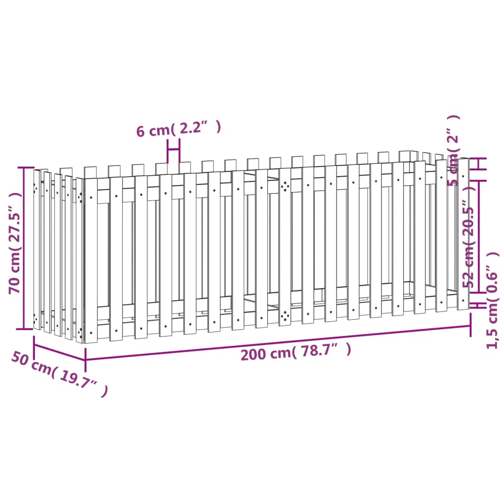 Fioriera Giardino a Recinzione Nera 200x50x70cm Massello Pino | homemem39