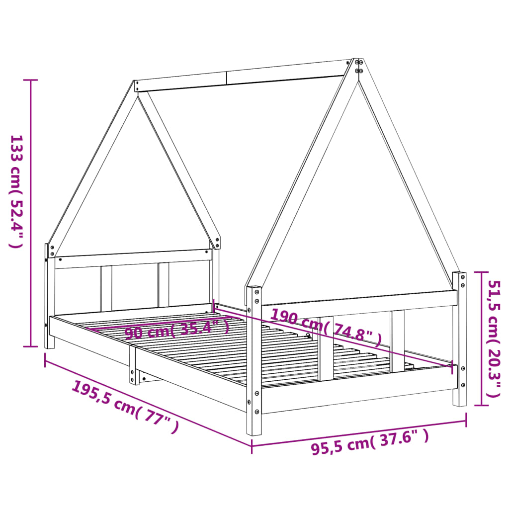 Giroletto per Bambini Nero 90x190 cm in Legno Massello di Pino - homemem39