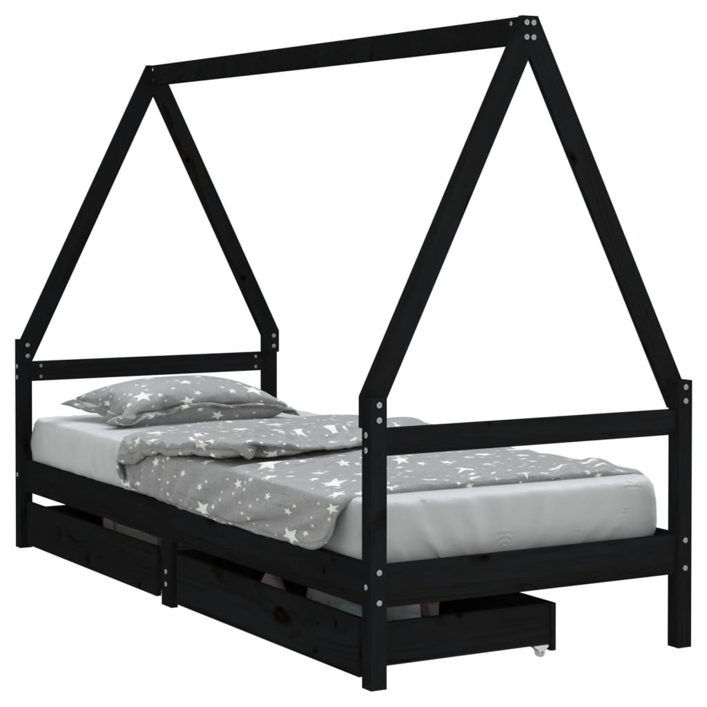Giroletto Bambini con Cassetti Nero 90x200cm Massello di Pino - homemem39