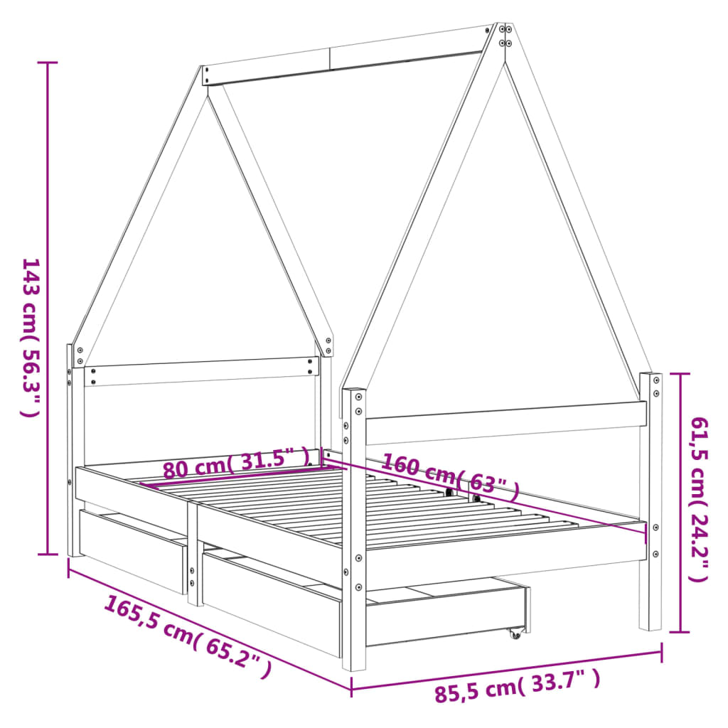 Giroletto per Bambini con Cassetti 80x160cm Legno Massello Pino - homemem39