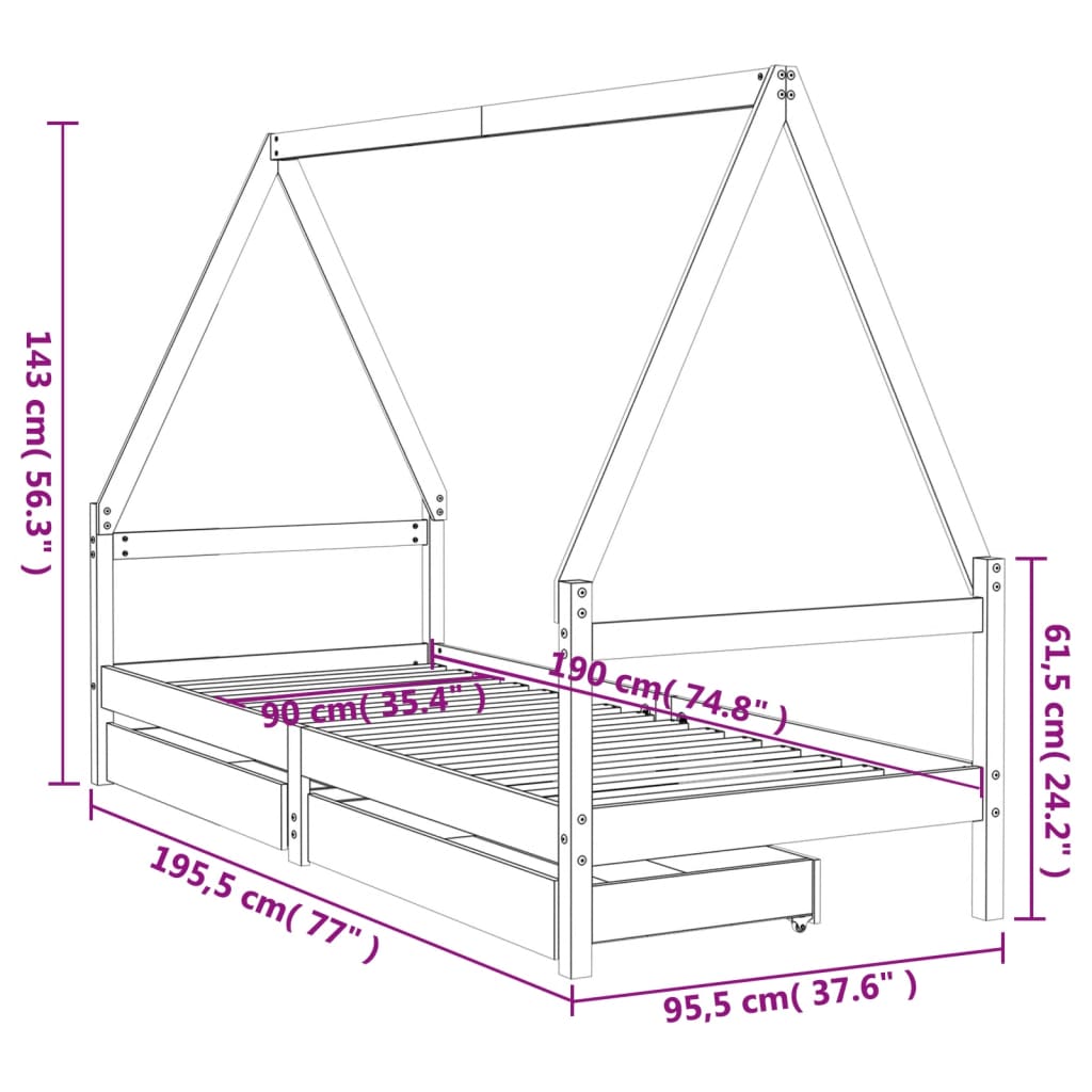 Giroletto per Bambini con Cassetti 90x190cm Legno Massello Pino - homemem39