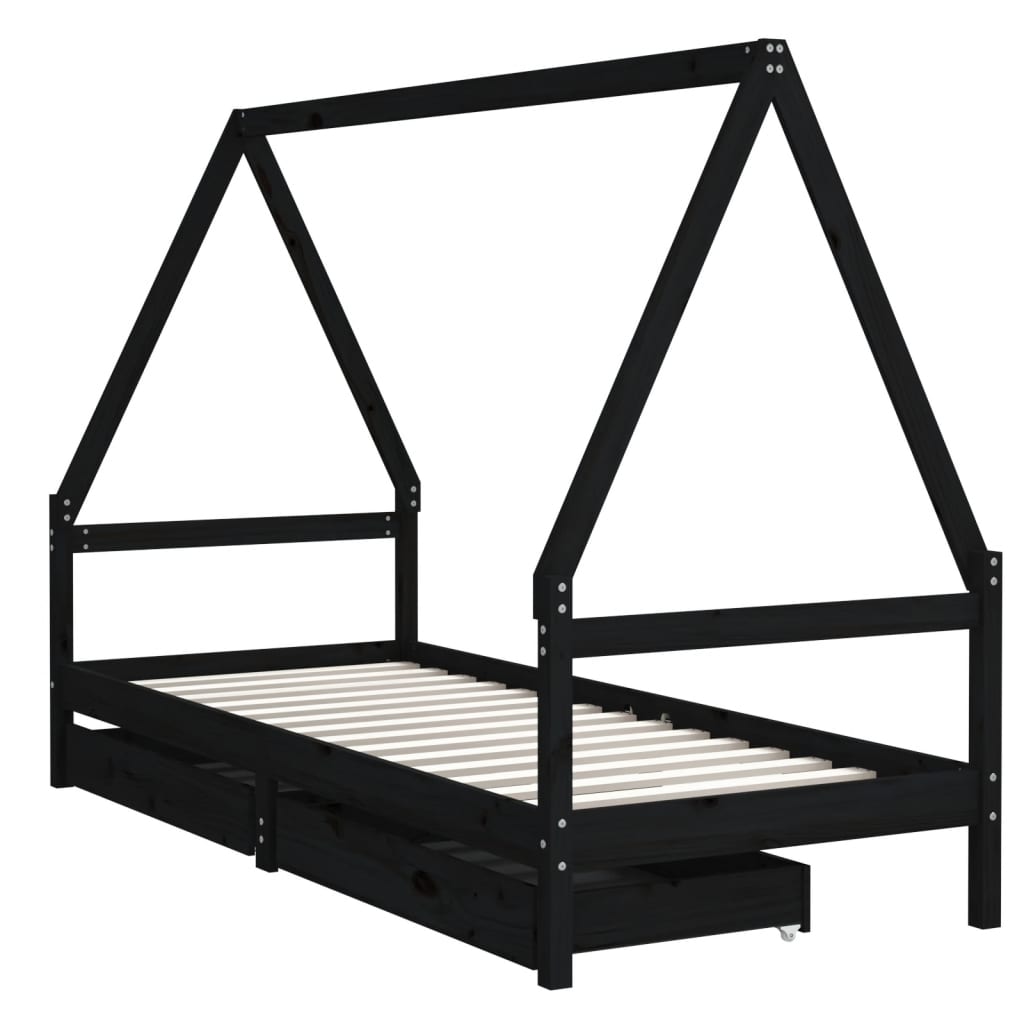 Giroletto per Bambini con Cassetti Nero 90x190 cm Massello Pino - homemem39