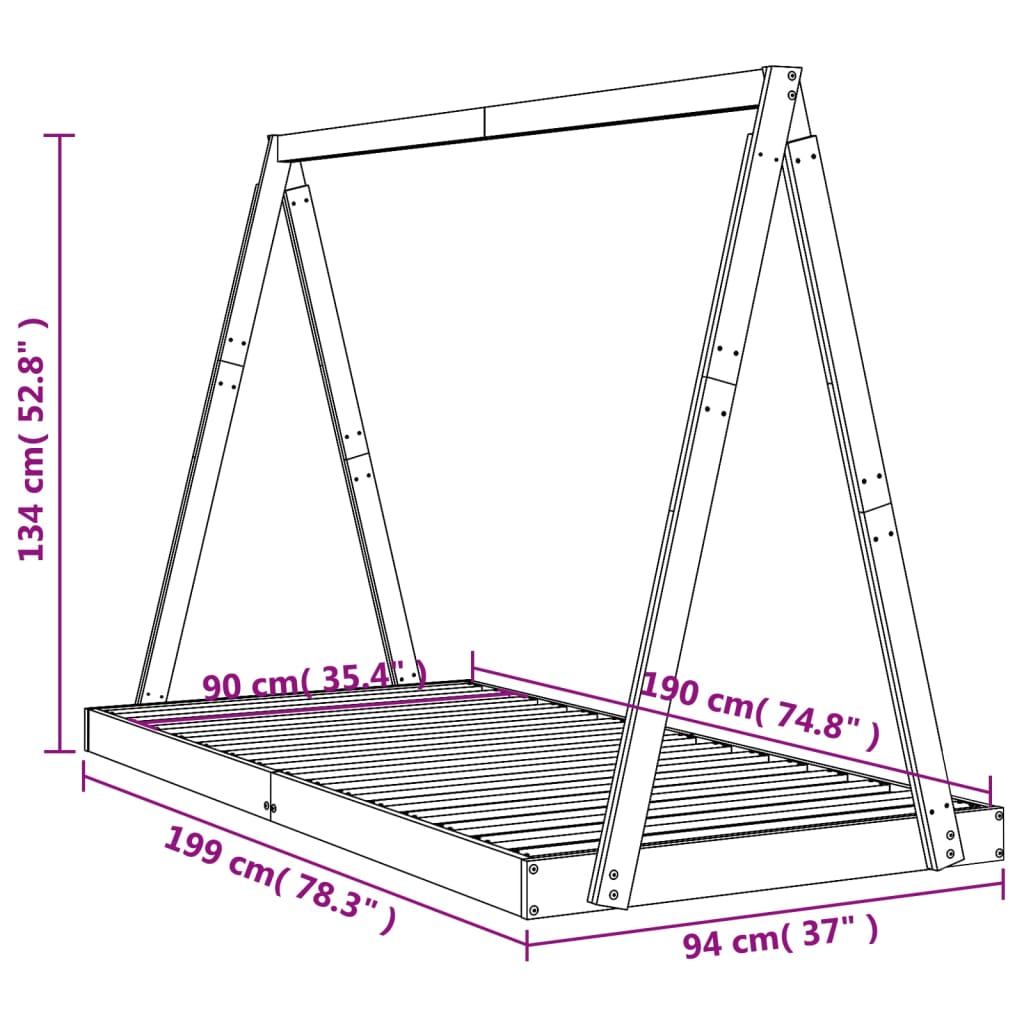 Giroletto per Bambini Nero 90x190 cm in Legno Massello di Pino - homemem39